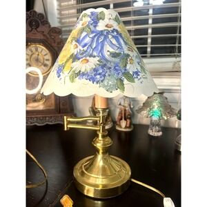 Vintage Brass Adjustable Desk Lamp 16" UL Portable Hand Painted Shade Signed